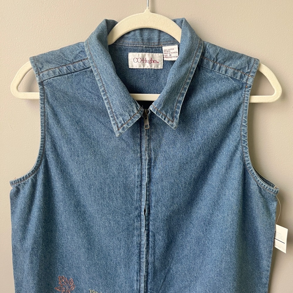 Vintage‎ Vest Top Women's Medium New NWT Blue Denim Tree Leaves Embrodiery Fall - Picture 5 of 6
